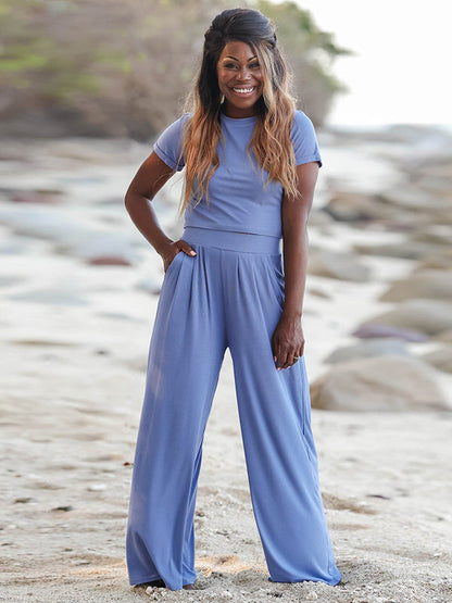 Simple Solid Color T-Shirt & Pants Two Pieces Set