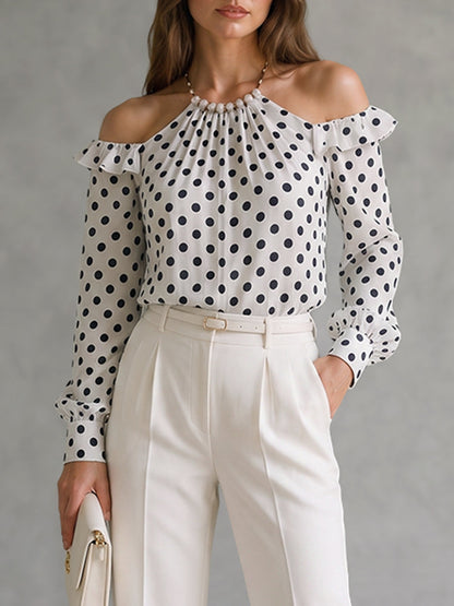 Ruffled Polka-Dot Long Sleeves Halter-Neck Blouses&shirts Tops