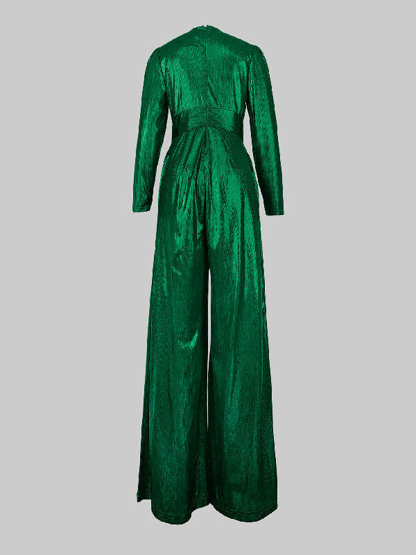 Hoch taillierte Dreiviertelärmel, glänzende, einfarbige Jumpsuits mit tiefem V-Ausschnitt 