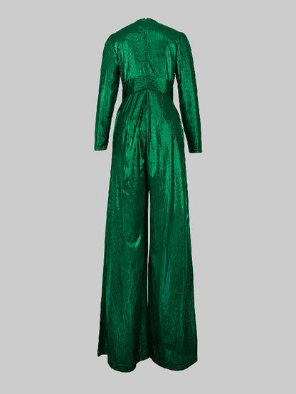 Hoch taillierte Dreiviertelärmel, glänzende, einfarbige Jumpsuits mit tiefem V-Ausschnitt 