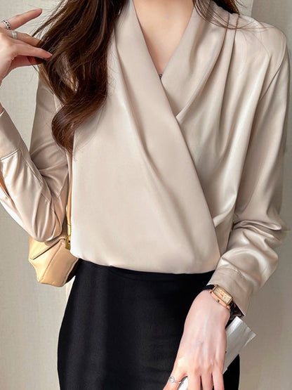 Long Sleeves Loose Buttoned Solid Color V-Neck Blouses&Shirts Tops