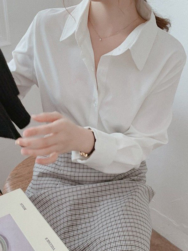 Long Sleeves Plus Size Buttoned Comfort Solid Color Lapel Blouses&Shirts Tops