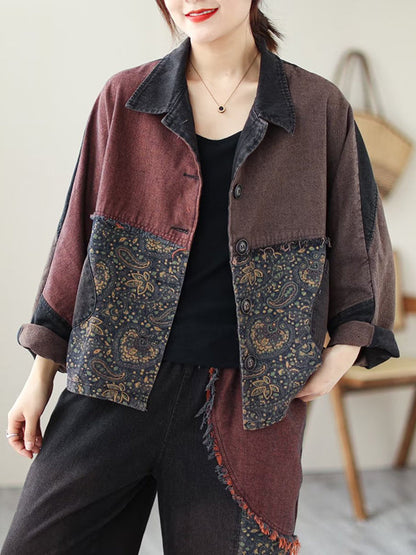 Contrast Color Fringed Split-Joint Long Sleeves Printed Outwear + Harem Pants  Two Pieces Set