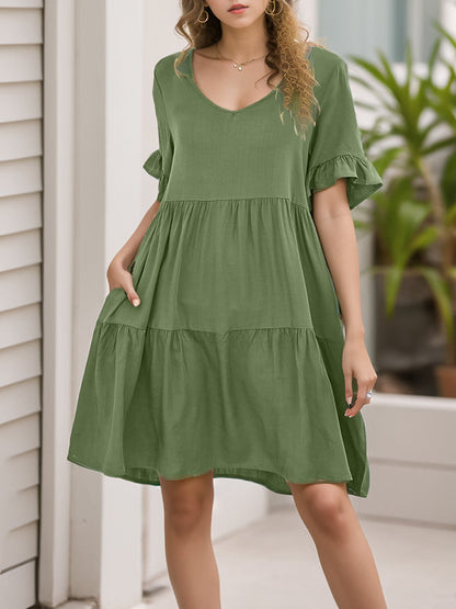 A-Line Flared Sleeves Pleated Pockets Ruffled Solid Color Split-Joint Round-Neck Mini Dresses