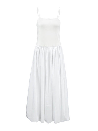 Loose Sleeveless Pleated Solid Color Split-Joint Spaghetti-Neck Midi Dresses