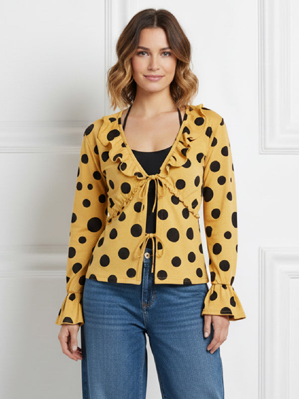 Flared Sleeves Long Sleeves Polka Dot Tied V-Neck Blouses&Shirts Tops