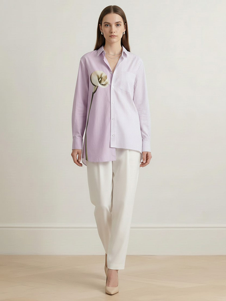 Irregularity Long Sleeves Asymmetric Buttoned Contrast Color Flower Print Split-Joint Striped Lapel Blouses&Shirts Tops