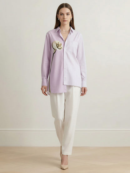 Irregularity Long Sleeves Asymmetric Buttoned Contrast Color Flower Print Split-Joint Striped Lapel Blouses&Shirts Tops