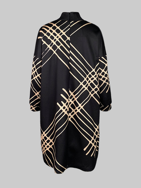 A-Line Long Sleeves Pockets Printed High Neck Mini Dresses