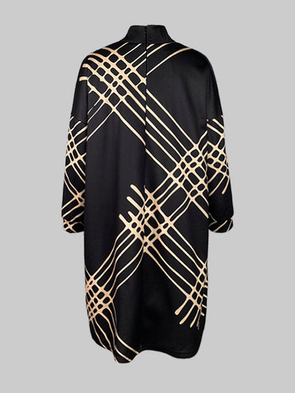 A-Line Long Sleeves Pockets Printed High Neck Mini Dresses