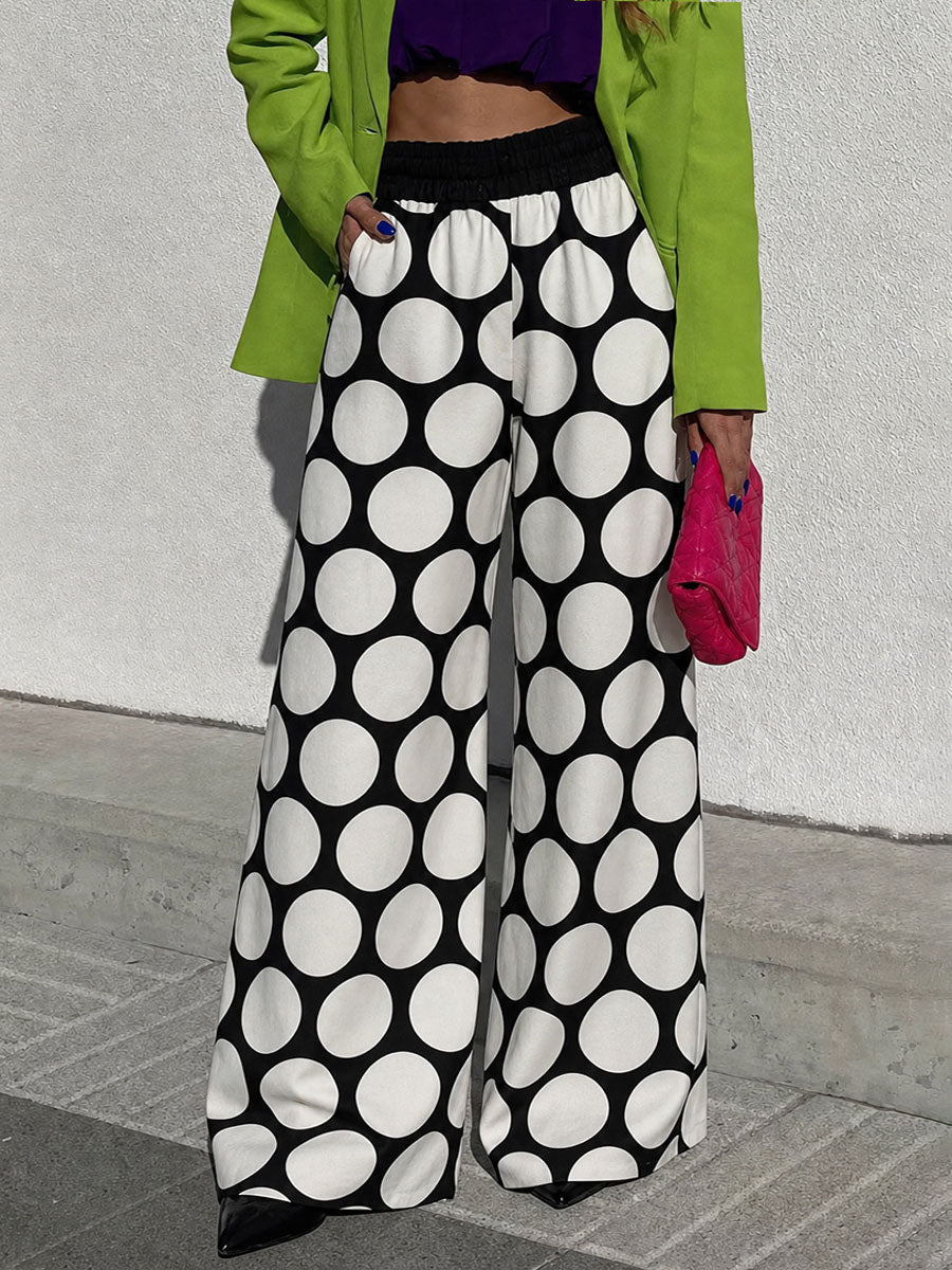 High Waisted Wide Leg Contrast Color Elasticity Pockets Polka Dot Pants Trousers