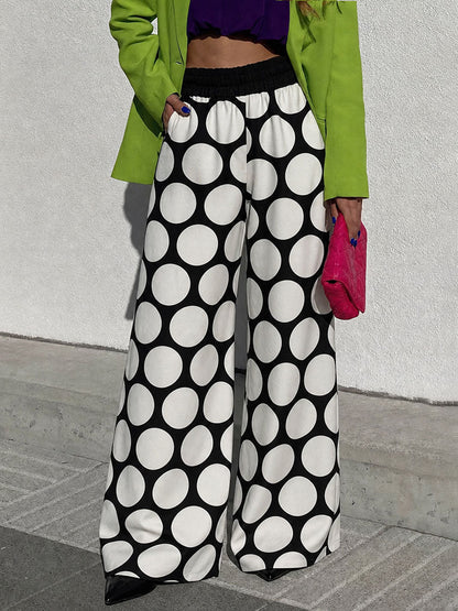 High Waisted Wide Leg Contrast Color Elasticity Pockets Polka Dot Pants Trousers