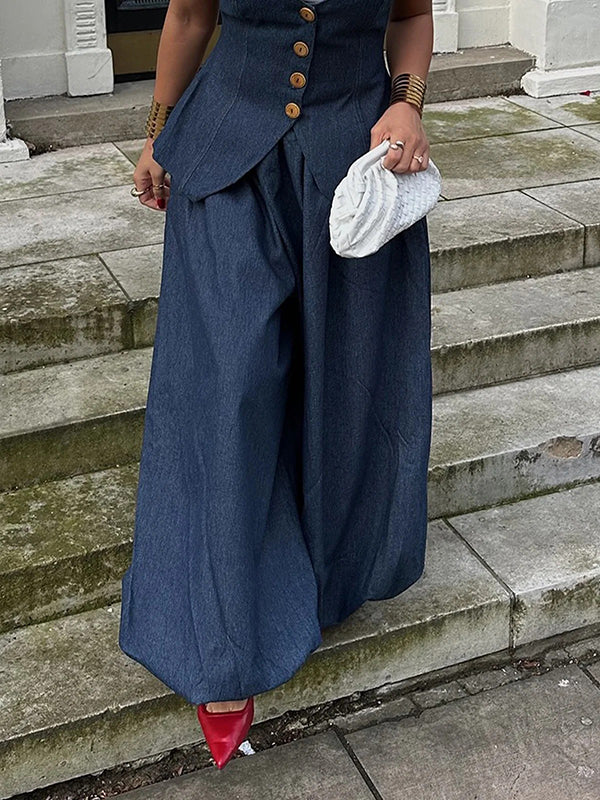 Pantalon sarouel ample plissé couleur unie en jean 