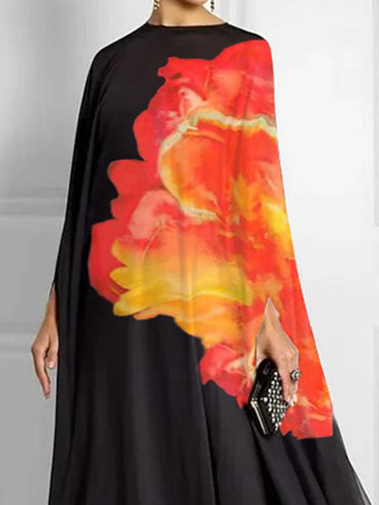Batwing Sleeves Loose Contrast Color Floral Printed Round-Neck Maxi Dresses