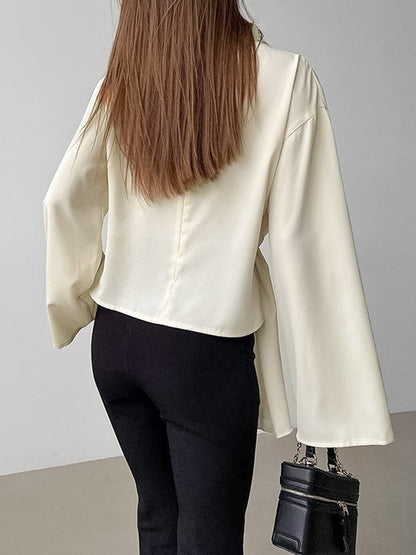 Flared Sleeves Long Sleeves Pleated Solid Color Zipper Stand Collar Blouses&Shirts Tops