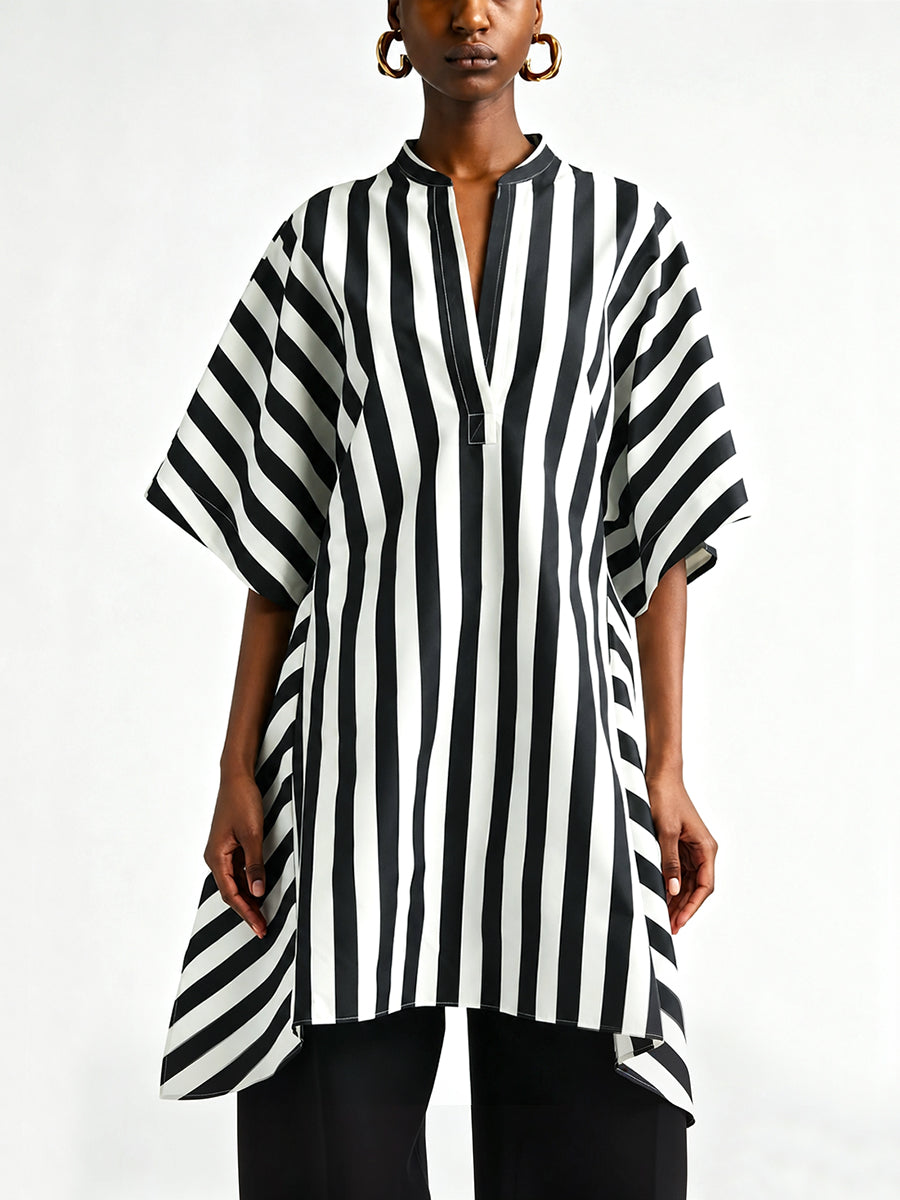 Striped Contrast Color Asymmetric Loose Half Sleeves V-neck Blouses&shirts Tops