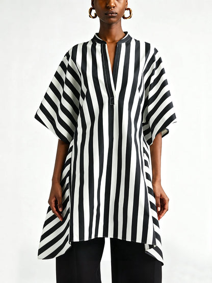 Striped Contrast Color Asymmetric Loose Half Sleeves V-neck Blouses&shirts Tops