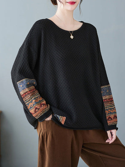Long Sleeves Loose Printed Split-Joint Round-Neck Pullovers Sweater Tops
