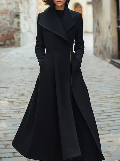 A-Line Long Sleeves Buttoned Pockets Solid Color Zipper Lapel Woolen Coat