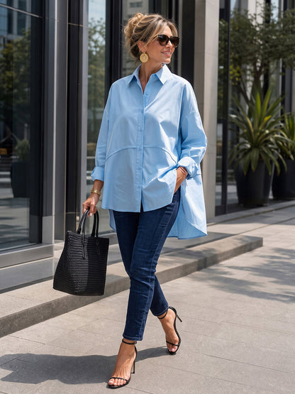 Split-Joint Solid Color Buttoned Loose Long Sleeves Lapel Blouses&shirts Tops