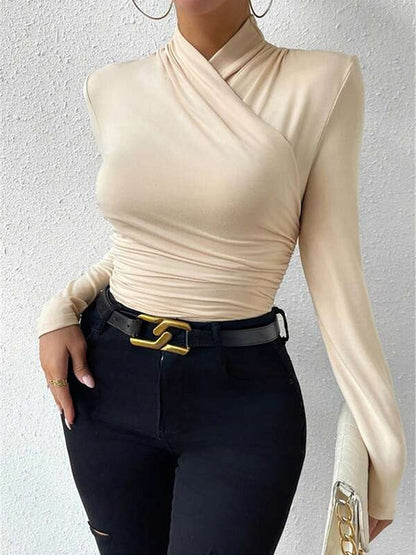 Long Sleeves Skinny Pleated Solid Color Mock Neck T-Shirts Tops APRICOT