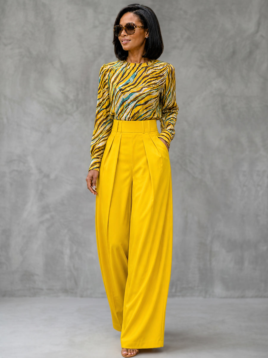Solid Color Pockets Pleated No Belt Wide Leg Loose Trousers Pants（No belt）