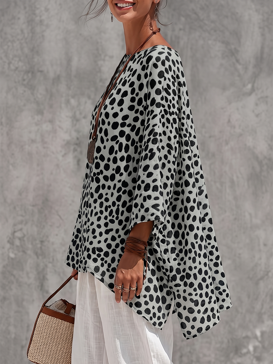 Polka-Dot Contrast Color Three-quarter Sleeves Loose Boat Neck Blouses&shirts Tops