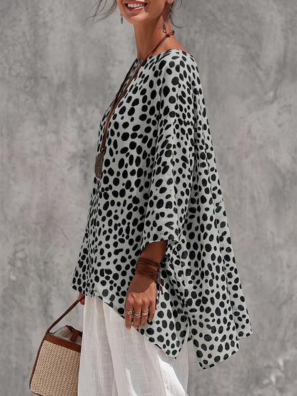 Polka-Dot Contrast Color Three-quarter Sleeves Loose Boat Neck Blouses&shirts Tops