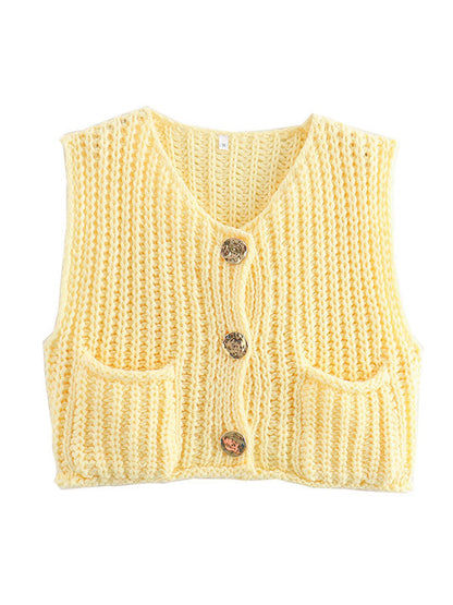 Loose Sleeveless Buttoned Pockets V-Neck Vest Outerwear