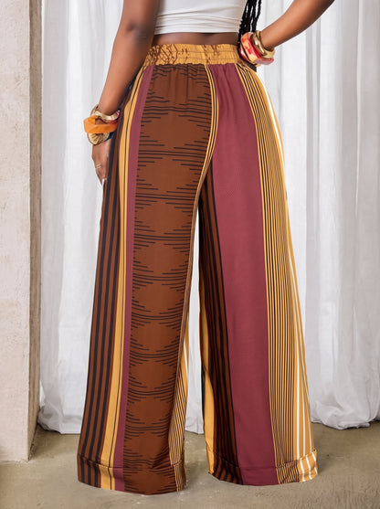Printed Pockets Elasticity Drawstring Contrast Color Wide Leg Loose Trousers Pants