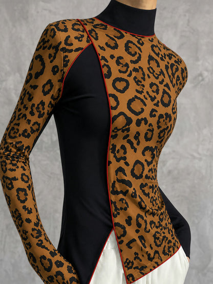 Split-front Split-Joint Leopard Contrast Color Skinny Long Sleeves Mock Neck T-Shirts Tops
