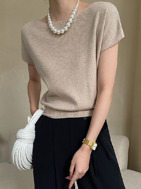 Stylish Loose Solid Color Boat Neck Knitwear Pullovers Tops CAMEL One_size