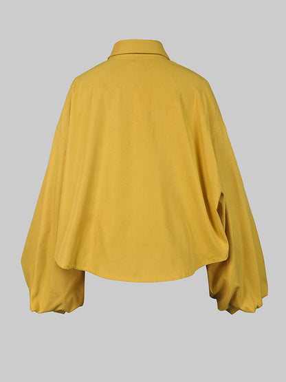 Long Sleeves Loose Buttoned Pleated Pockets Solid Color Lapel Two Pieces Set