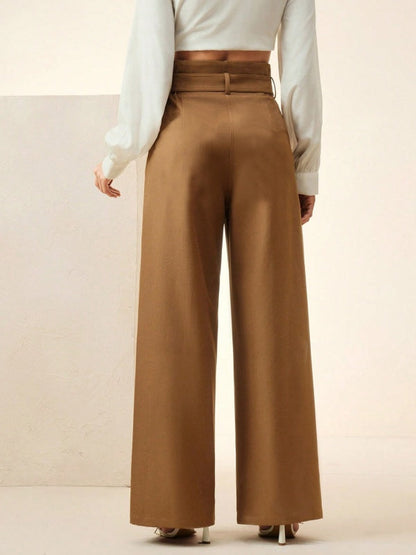 Loose Straight Leg Belted Pockets Solid Color Zipper Casual Pants Bottoms Trousers