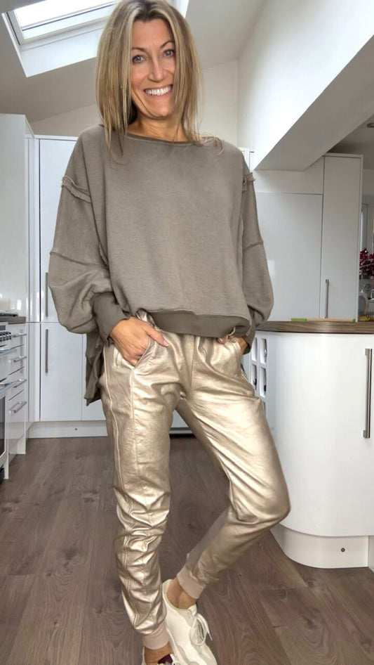 Women's Round Neck Casual Top + Leather Pants Set Brown S