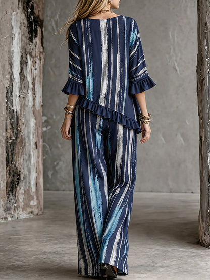 Split-Joint Ruffle Trim Printed Three-quarter Sleeves Ruffle Sleeves Round-neck Blouses&shirts Tops
