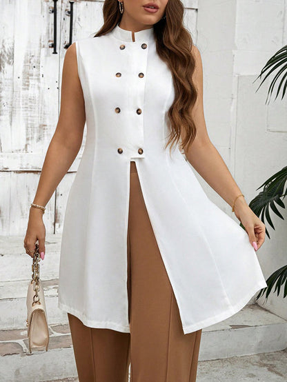 A-Line Loose Buttoned Solid Color Split-Front Split-Side Stand Collar Vest Top