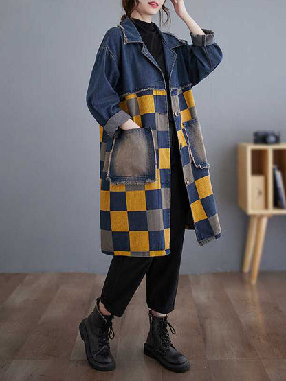 Long Sleeves Loose Buttoned Fringed Plaid Pockets Split-Joint Notched Collar Denim Outerwear