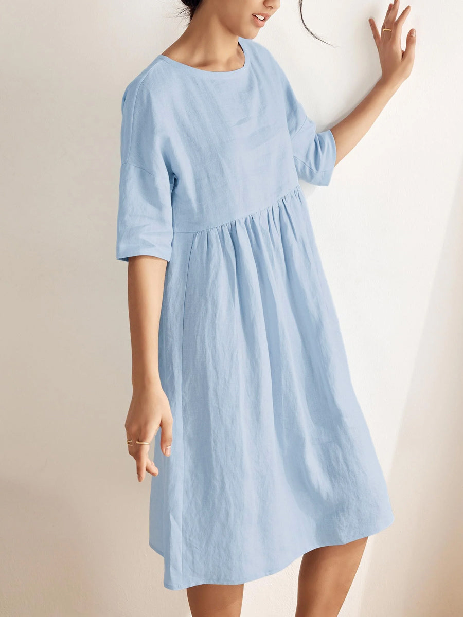Half Sleeves Loose Pleated Pockets Solid Color Round-Neck Midi Dresses
