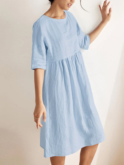 Half Sleeves Loose Pleated Pockets Solid Color Round-Neck Midi Dresses
