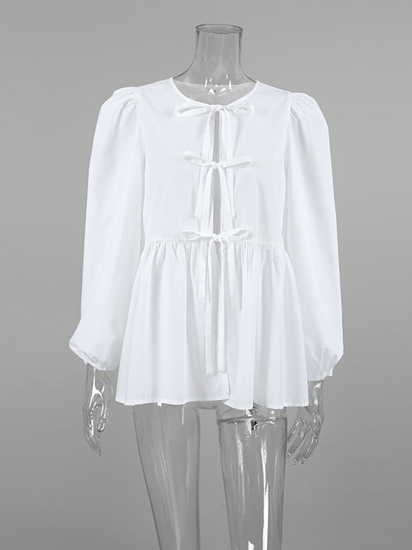 Long Sleeves Loose Elasticity Solid Color Split-Joint Tied Round-Neck Blouses&Shirts Tops