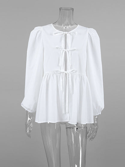 Long Sleeves Loose Elasticity Solid Color Split-Joint Tied Round-Neck Blouses&Shirts Tops