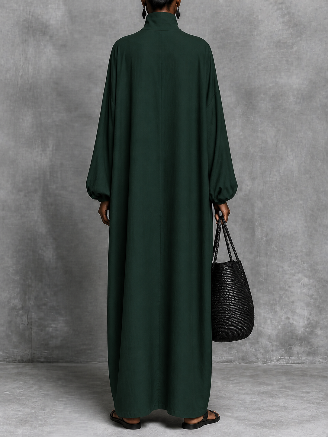 Solid Color Pockets Embroidered Loose Long Sleeves High Neck Maxi Dresses