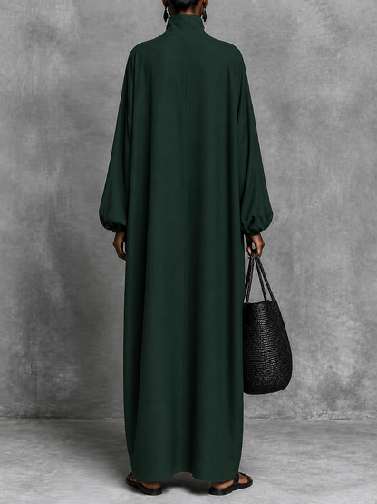 Solid Color Pockets Embroidered Loose Long Sleeves High Neck Maxi Dresses