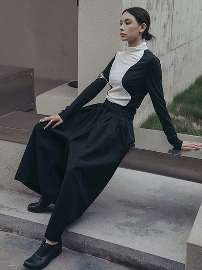 T-shirts urbains skinny à manches longues et col montant asymétriques contrastés 