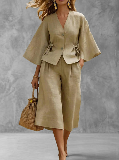 Flared Sleeves Loose Buttoned Solid Color Tied V-Neck Blouses&Shirts Tops