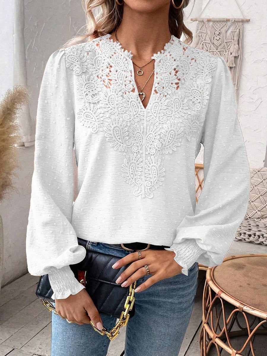 Balloon Sleeves Long Sleeves Embroidered Hollow Solid Color V-Neck Blouses&Shirts Tops