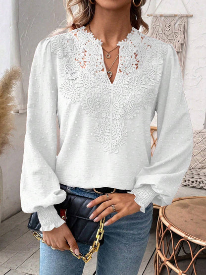 Balloon Sleeves Long Sleeves Embroidered Hollow Solid Color V-Neck Blouses&Shirts Tops