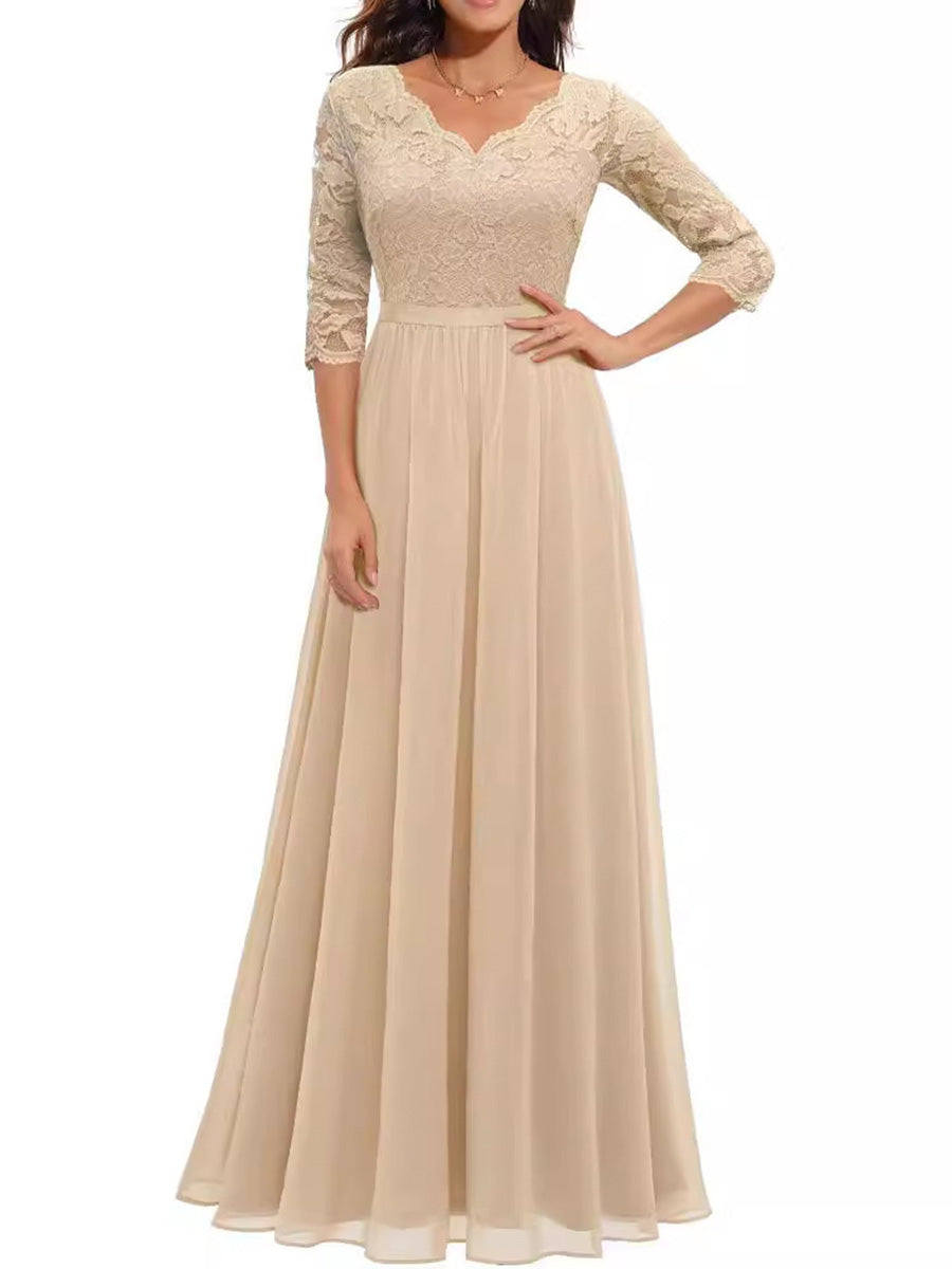 A-Line High Waisted Pleated See-Through Solid Color Split-Joint V-Neck Maxi Dresses