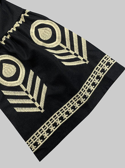 Flared Sleeves Loose Embroidered Split-Joint Deep V-Neck Mini Dresses